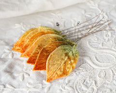 Velvet Leaves - Variegated Golden Autumn Craft Leaf Stems, 10 Pcs.
