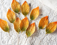 Velvet Leaves - Variegated Golden Autumn Craft Leaf Stems, 10 Pcs.
