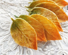 Velvet Leaves - Variegated Golden Autumn Craft Leaf Stems, 10 Pcs.
