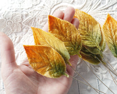 Velvet Leaves - Variegated Golden Autumn Craft Leaf Stems, 10 Pcs.