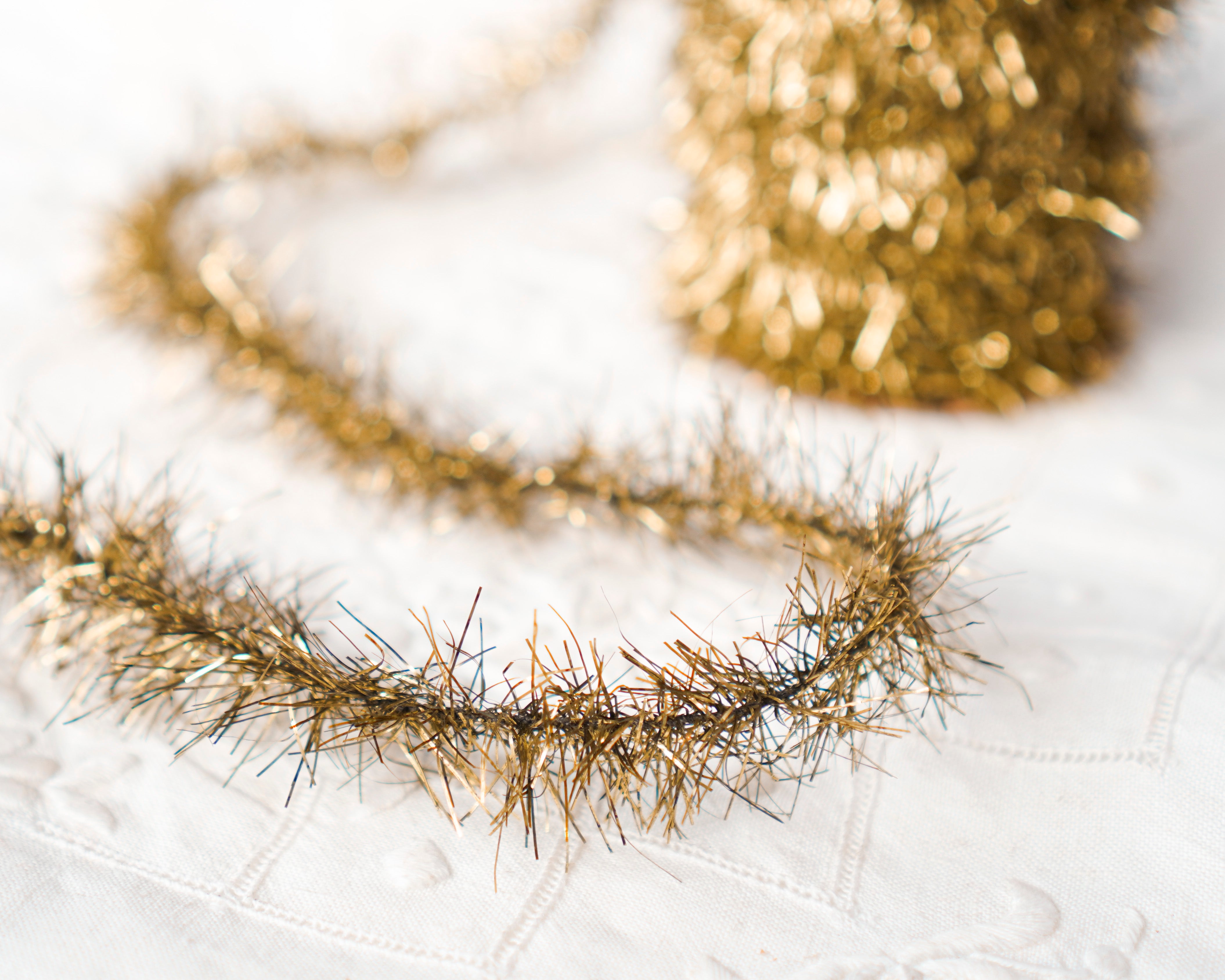 Tinsel Garland - Aged Gold Vintage Style Christmas Trim, 12 Foot Spool