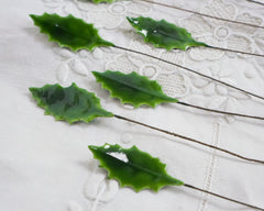 Mini Holly Picks - Vintage Style Lacquered Craft Holly Leaves, 12 Pcs.