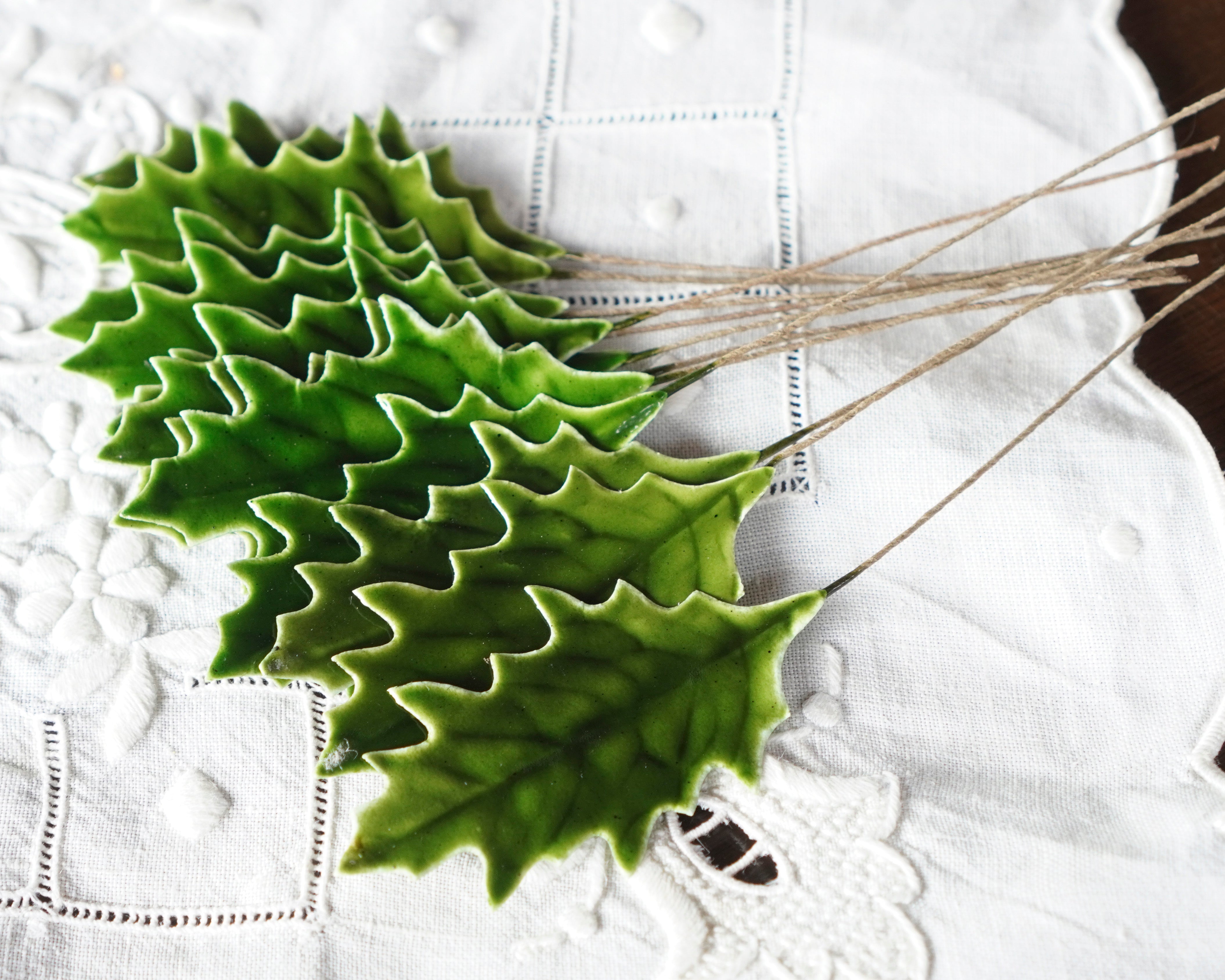 Holly Leaves - Vintage Style Lacquered Paper Holly Leaf Christmas Stems, 12 Pcs.