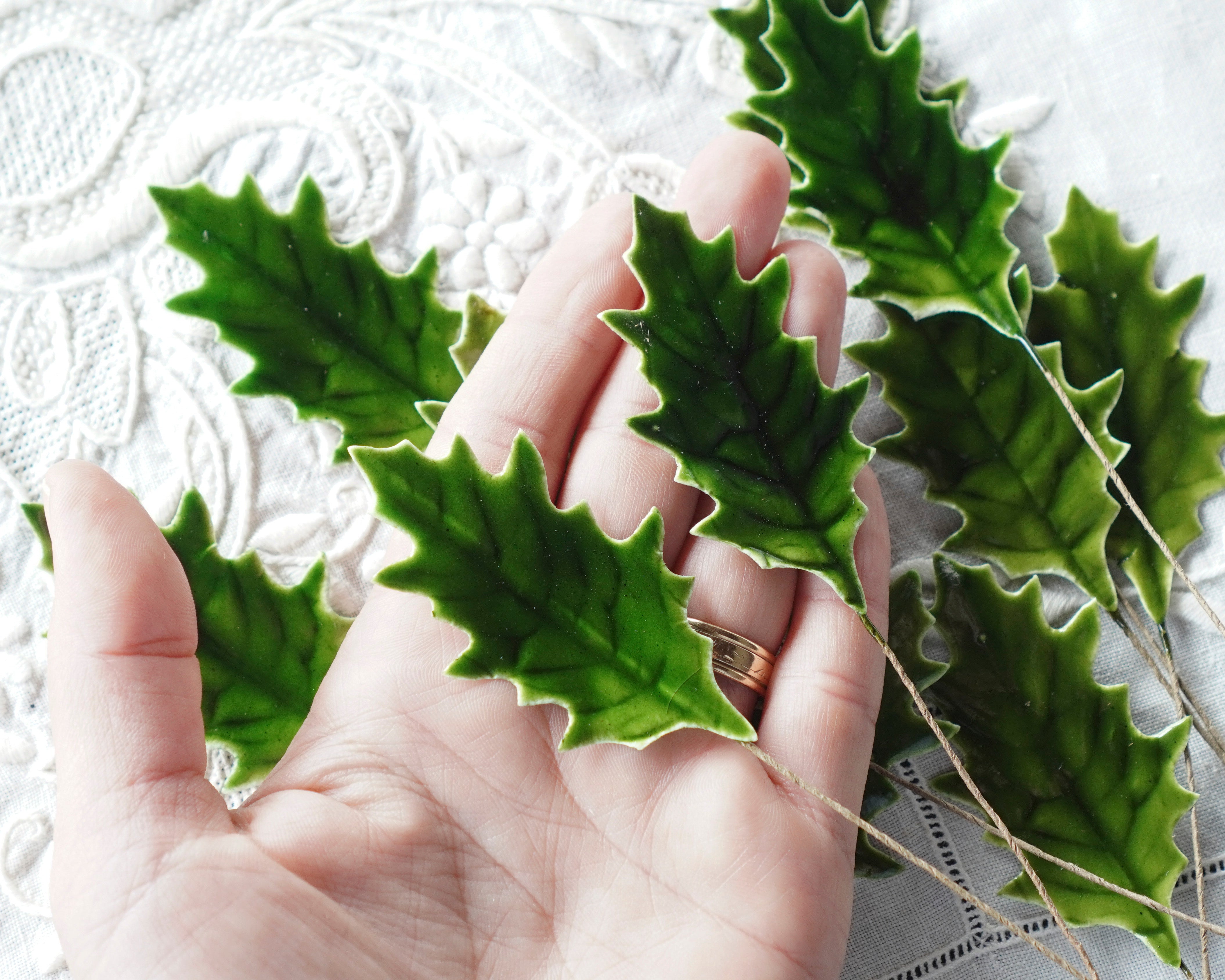 Holly Leaves - Vintage Style Lacquered Paper Holly Leaf Christmas Stems, 12 Pcs.
