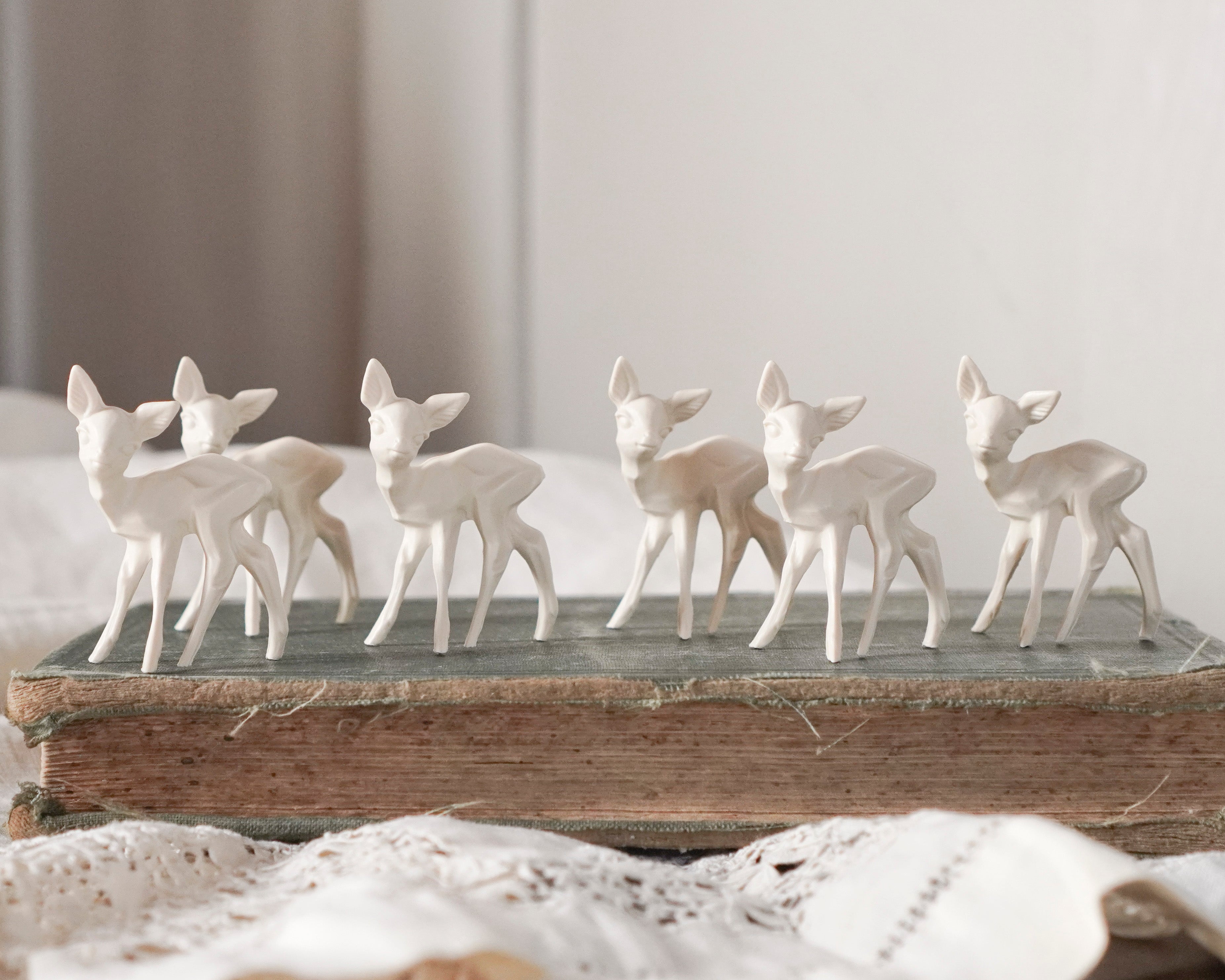 German Craft Deer - 1 3/4" Cream Plastic Figurines, 6 Pcs.