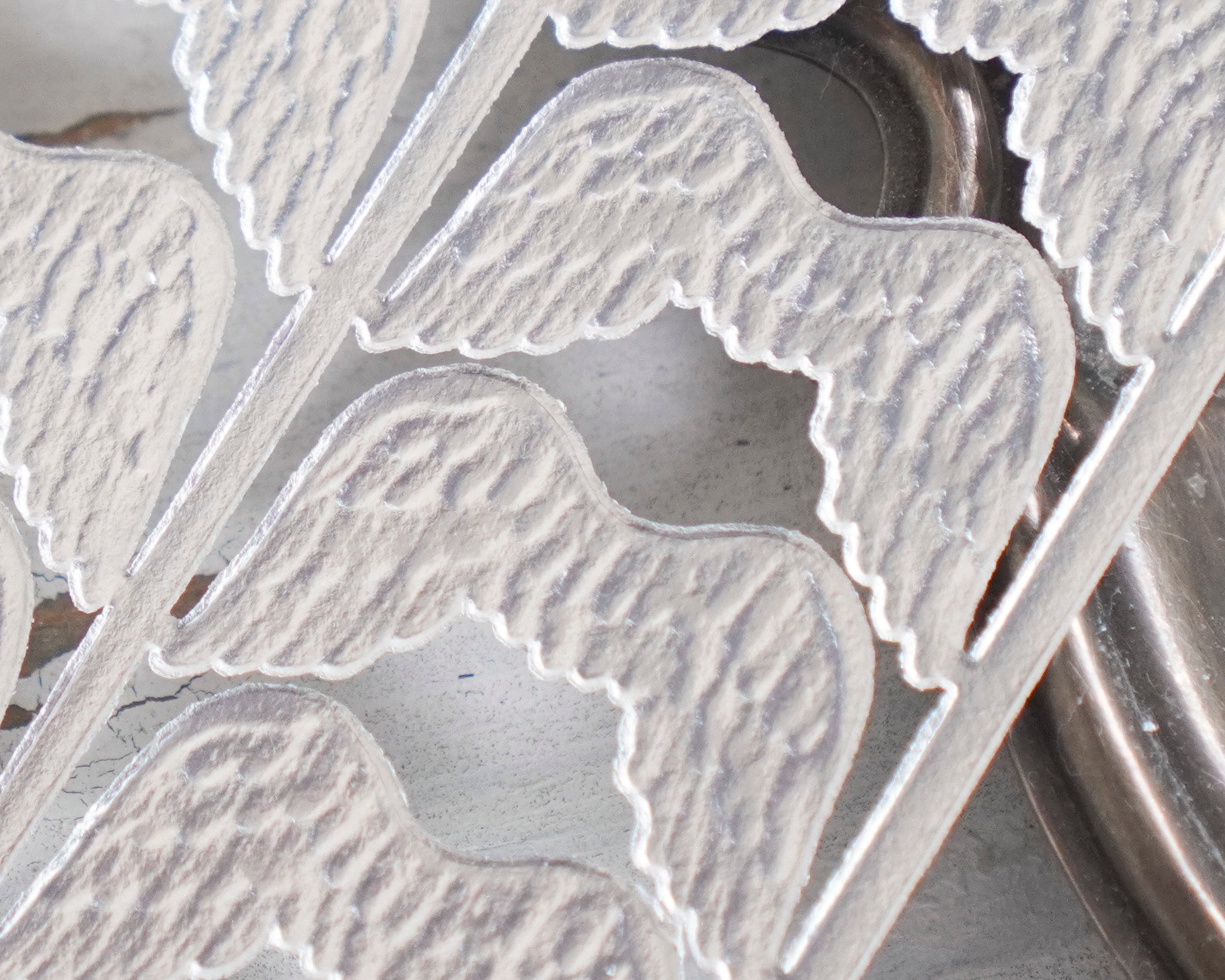 Mini Angel Wings - Tiny Embossed Silver Foil Die Cut Dresden Paper Wings, 12 Pcs.