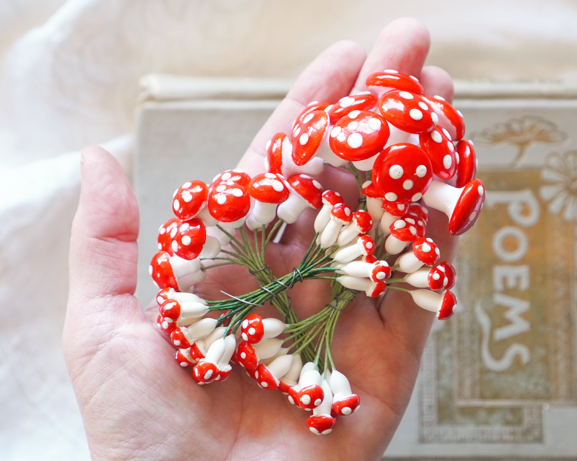 Red Mushroom Mix - 4 Bundles Spun Cotton and Plaster Mini Mushies