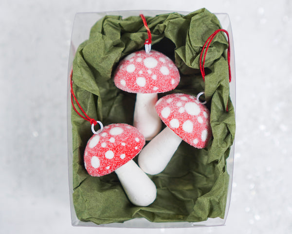 Spun Cotton Mushroom Ornaments - 3 Piece Set