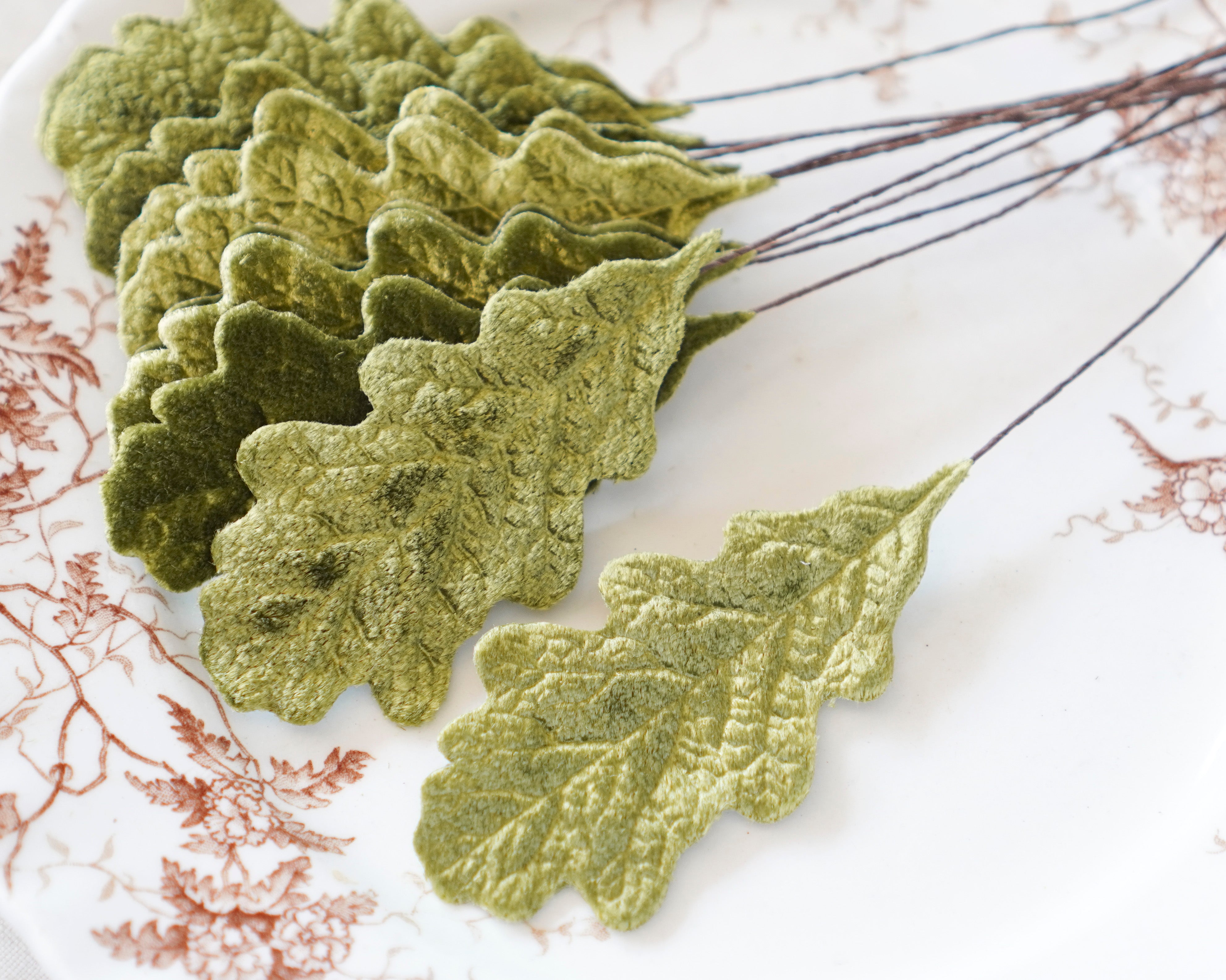 Velvet Oak Leaves - Moss Green Autumn Artificial Craft Leaf Stems, 10 Pcs.