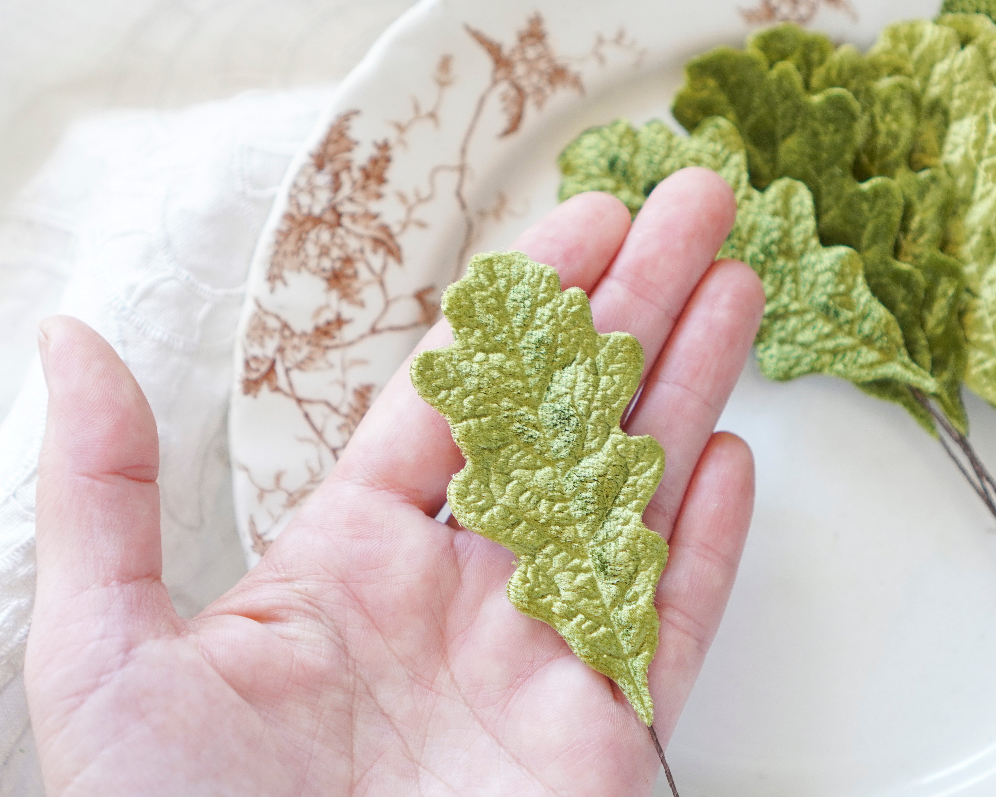 Velvet Oak Leaves - Moss Green Autumn Artificial Craft Leaf Stems, 10 Pcs.