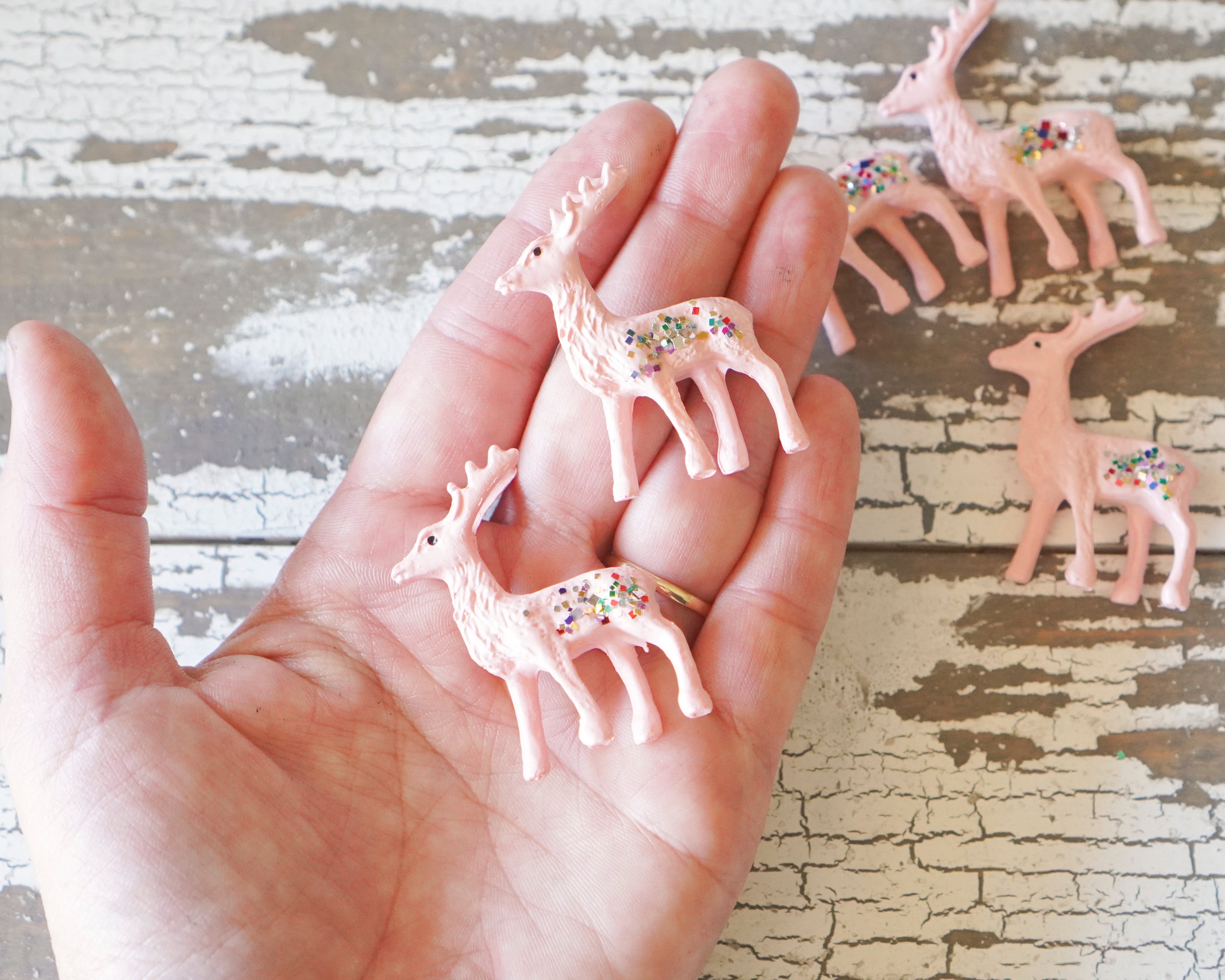Miniature Pink Reindeer - 6 Tiny Plastic Deer with Vintage Glitter