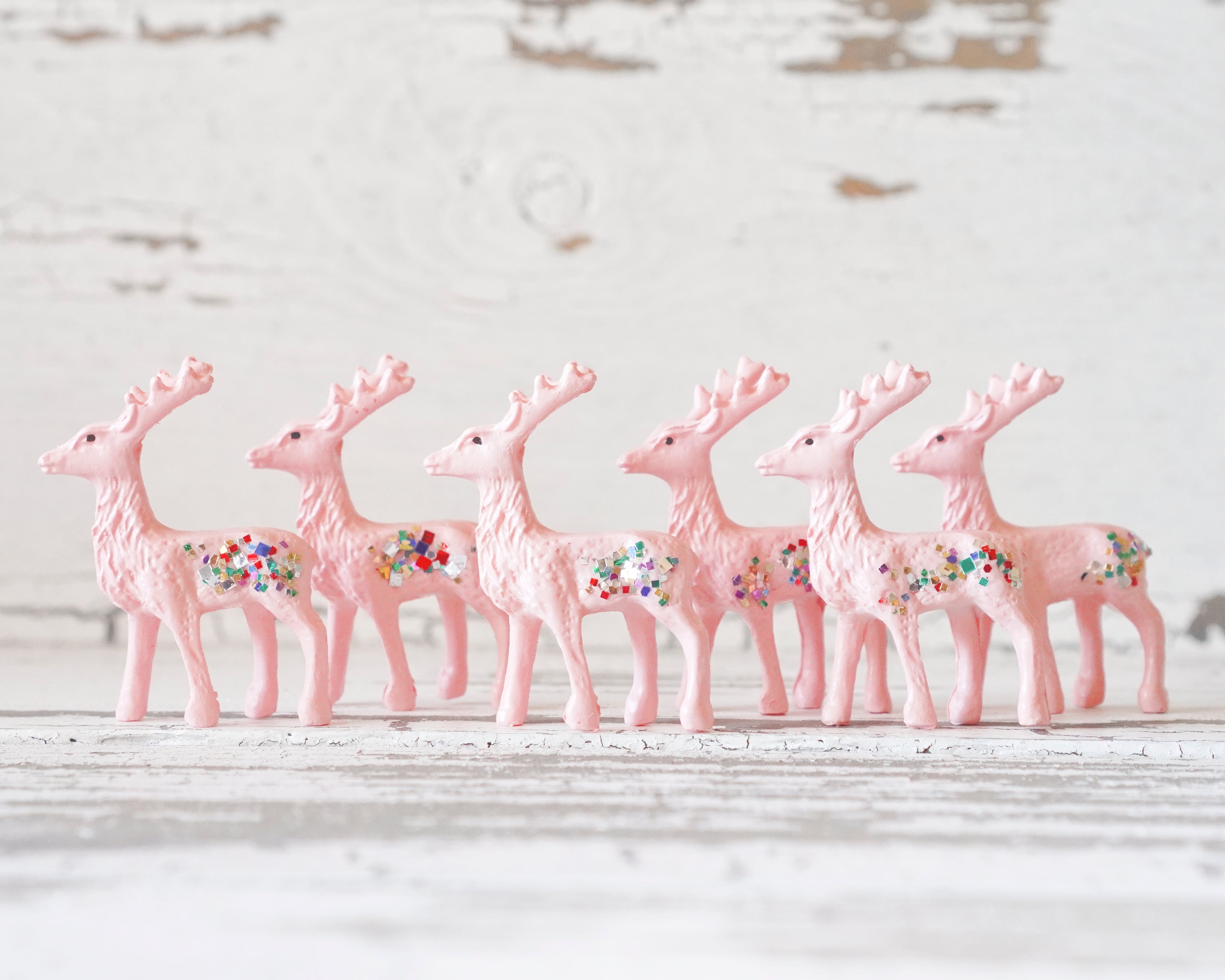 Miniature Pink Reindeer - 6 Tiny Plastic Deer with Vintage Glitter