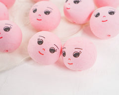 Pink Spun Cotton Heads: DREAMER - 30mm Vintage-Style Cotton Doll Heads with Faces, 12 Pcs.