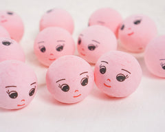 Pink Spun Cotton Heads: DREAMER - 30mm Vintage-Style Cotton Doll Heads with Faces, 12 Pcs.