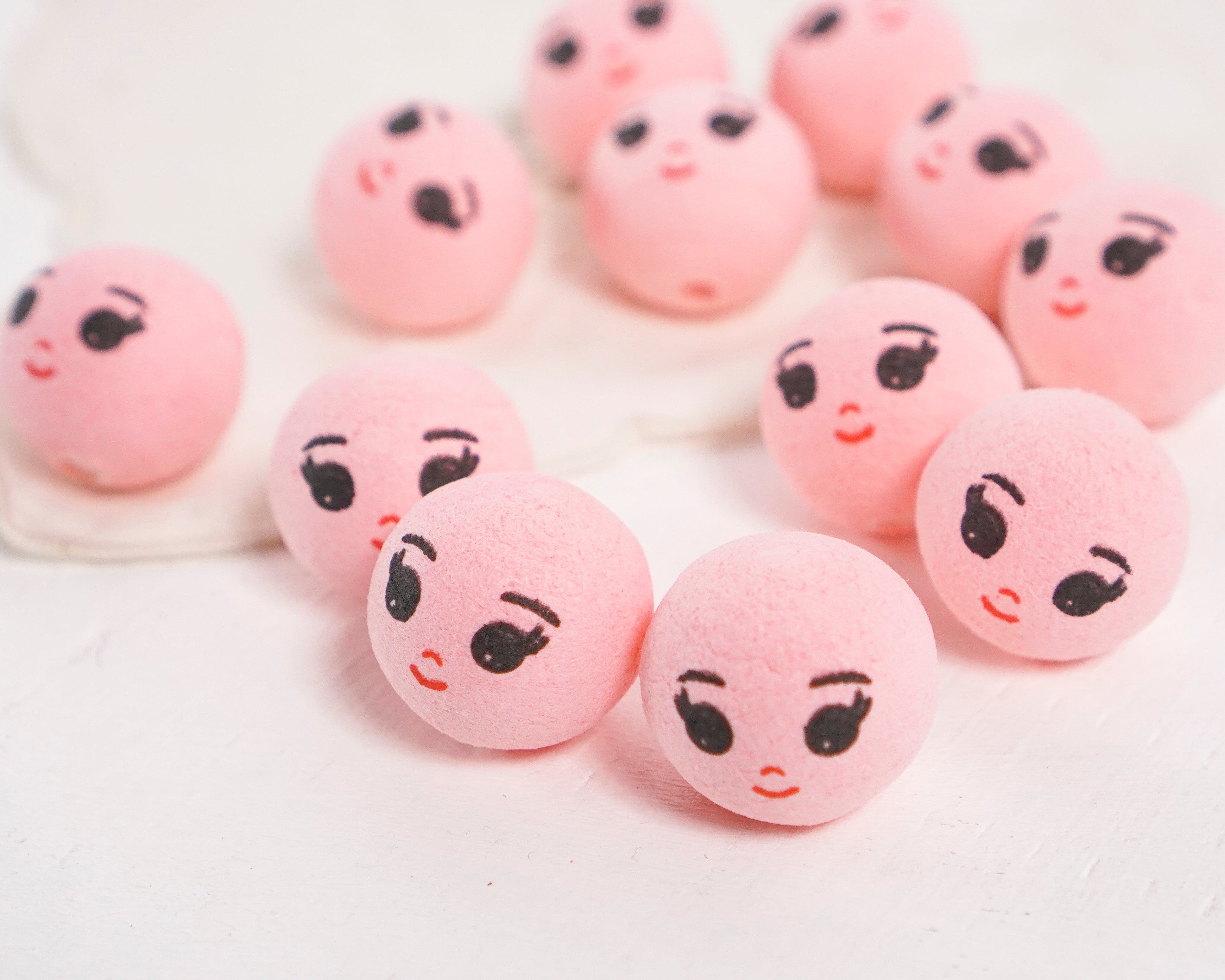 Pink Spun Cotton Heads: DREAMER - 22mm Vintage-Style Cotton Doll Heads with Faces, 12 Pcs.