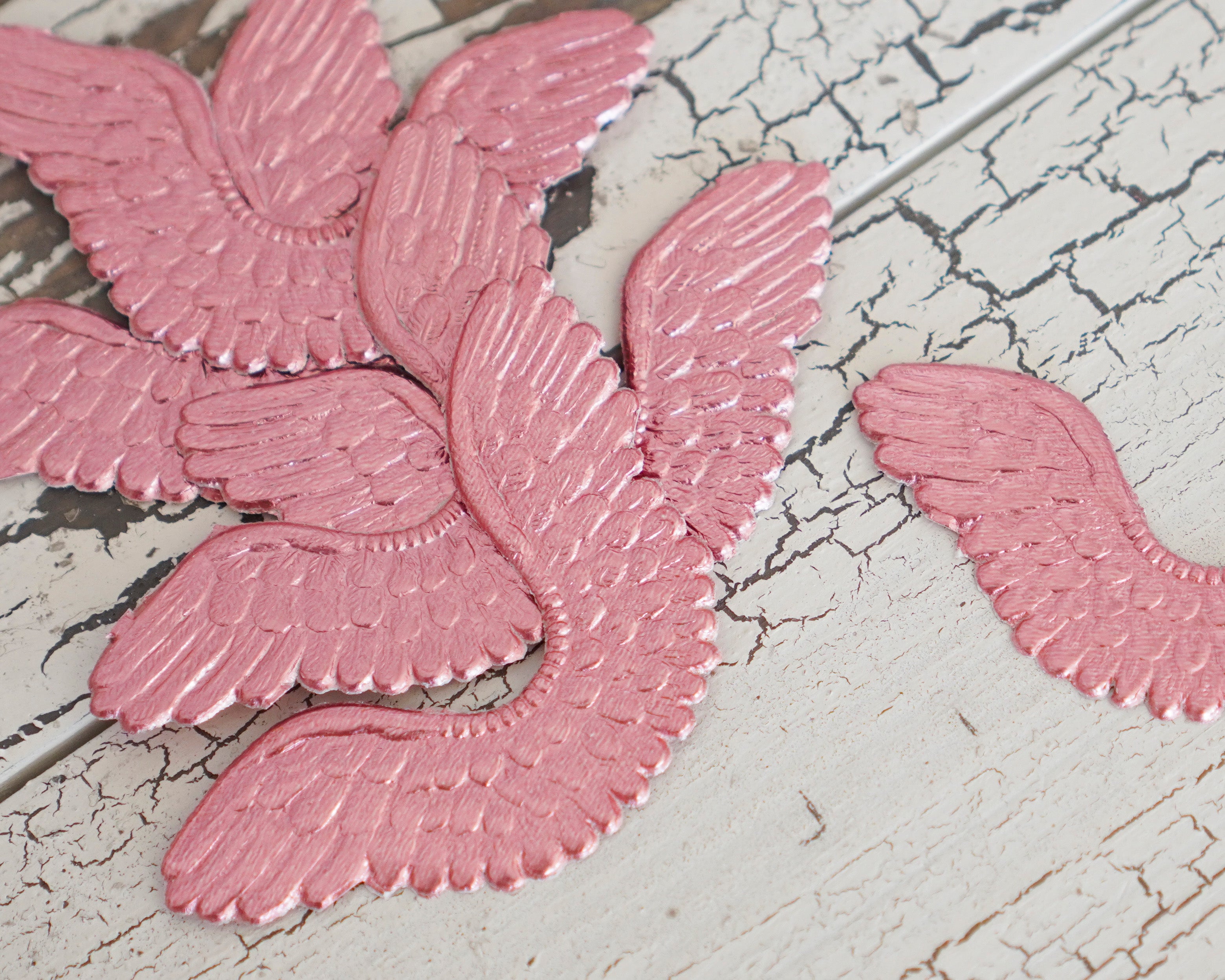 Small Pink Angel Wings - Embossed Foil Die Cut Dresden Paper Wings, 6 Pcs.
