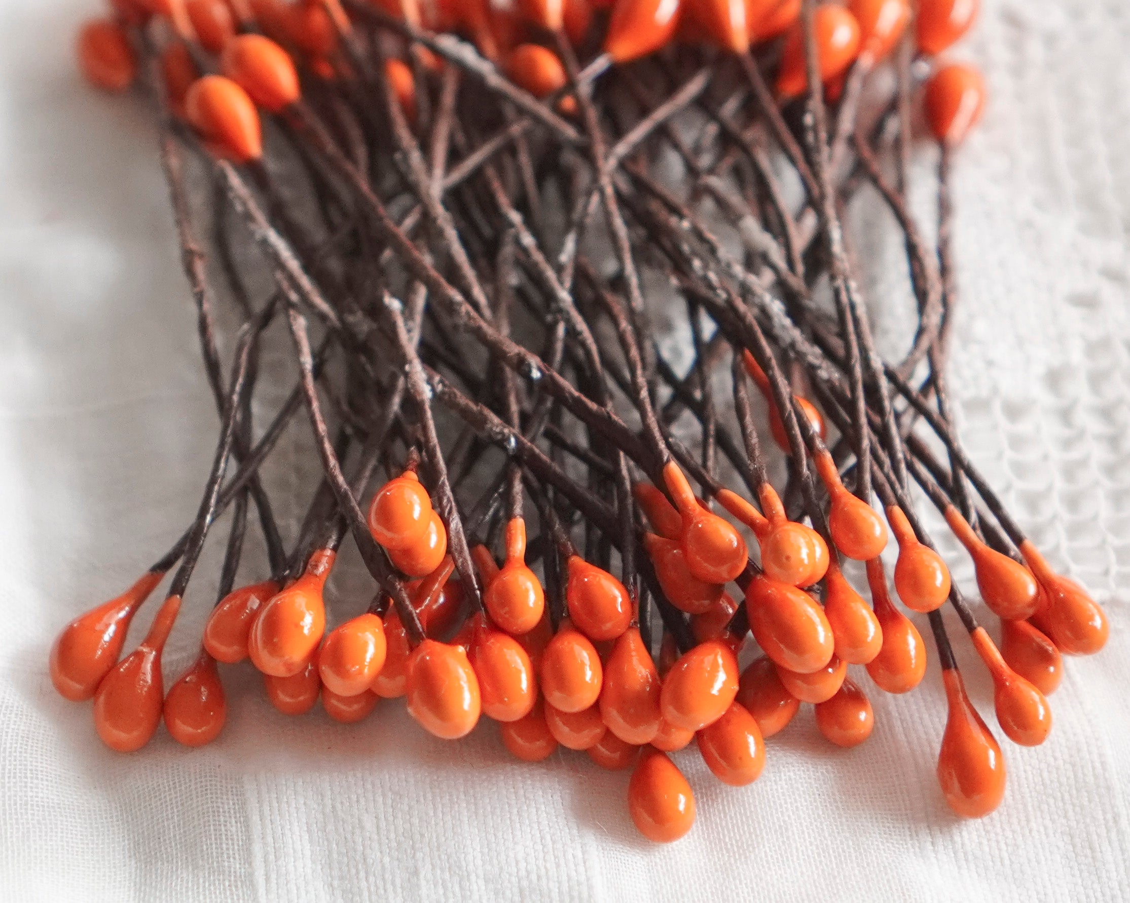 Small Pumpkin Orange Berry Wired Stems - 50 Pcs.