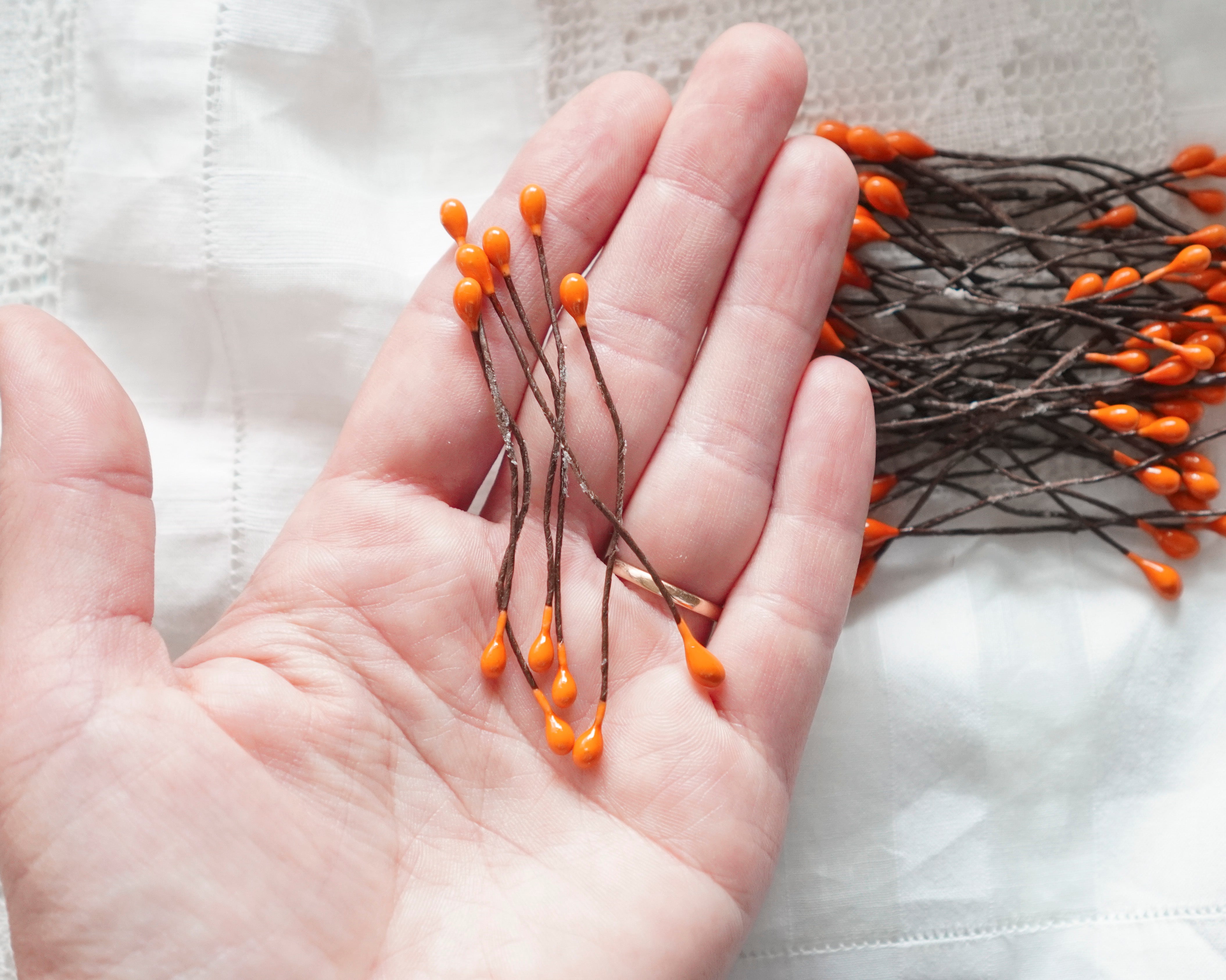 Small Pumpkin Orange Berry Wired Stems - 50 Pcs.