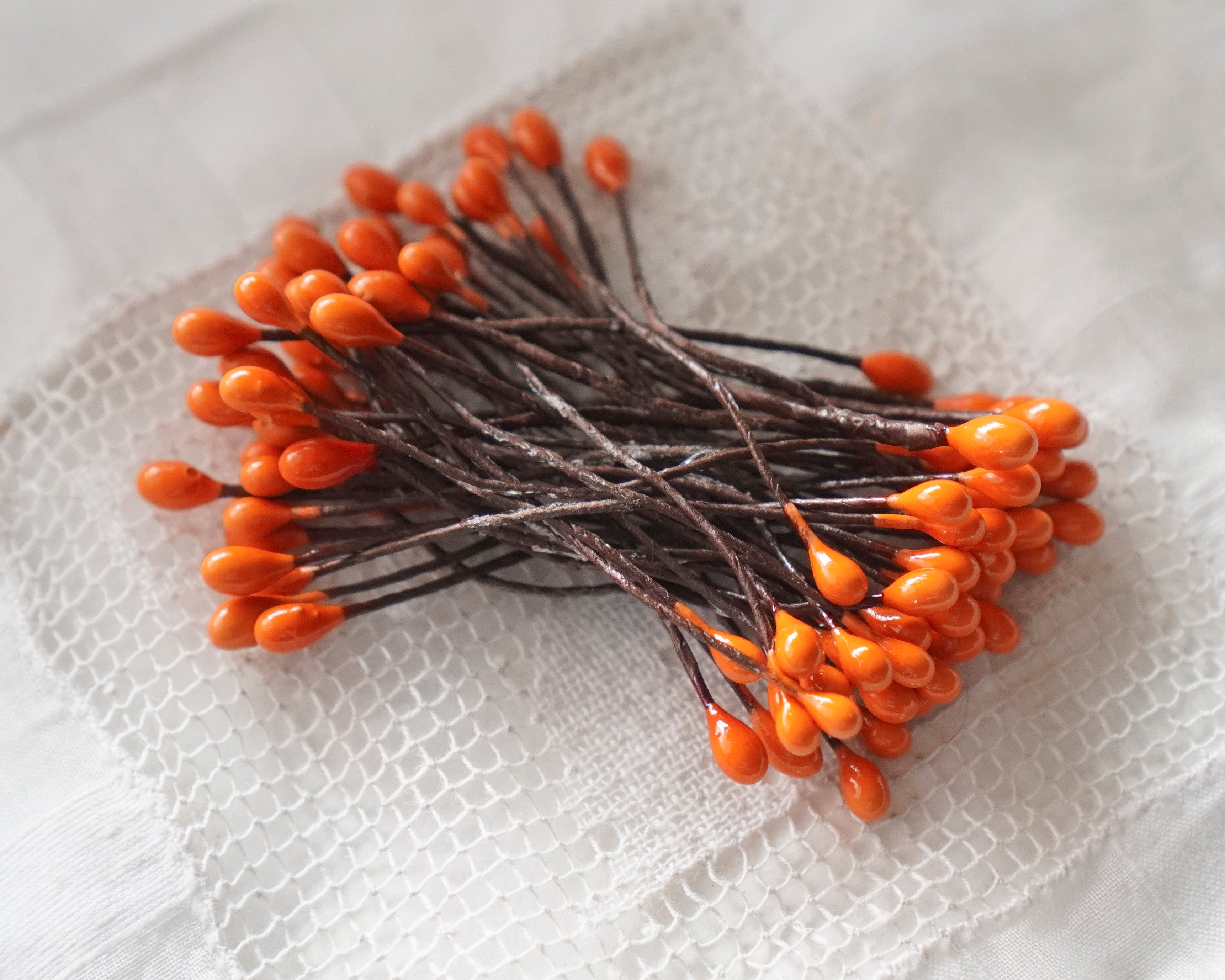 Small Pumpkin Orange Berry Wired Stems - 50 Pcs.