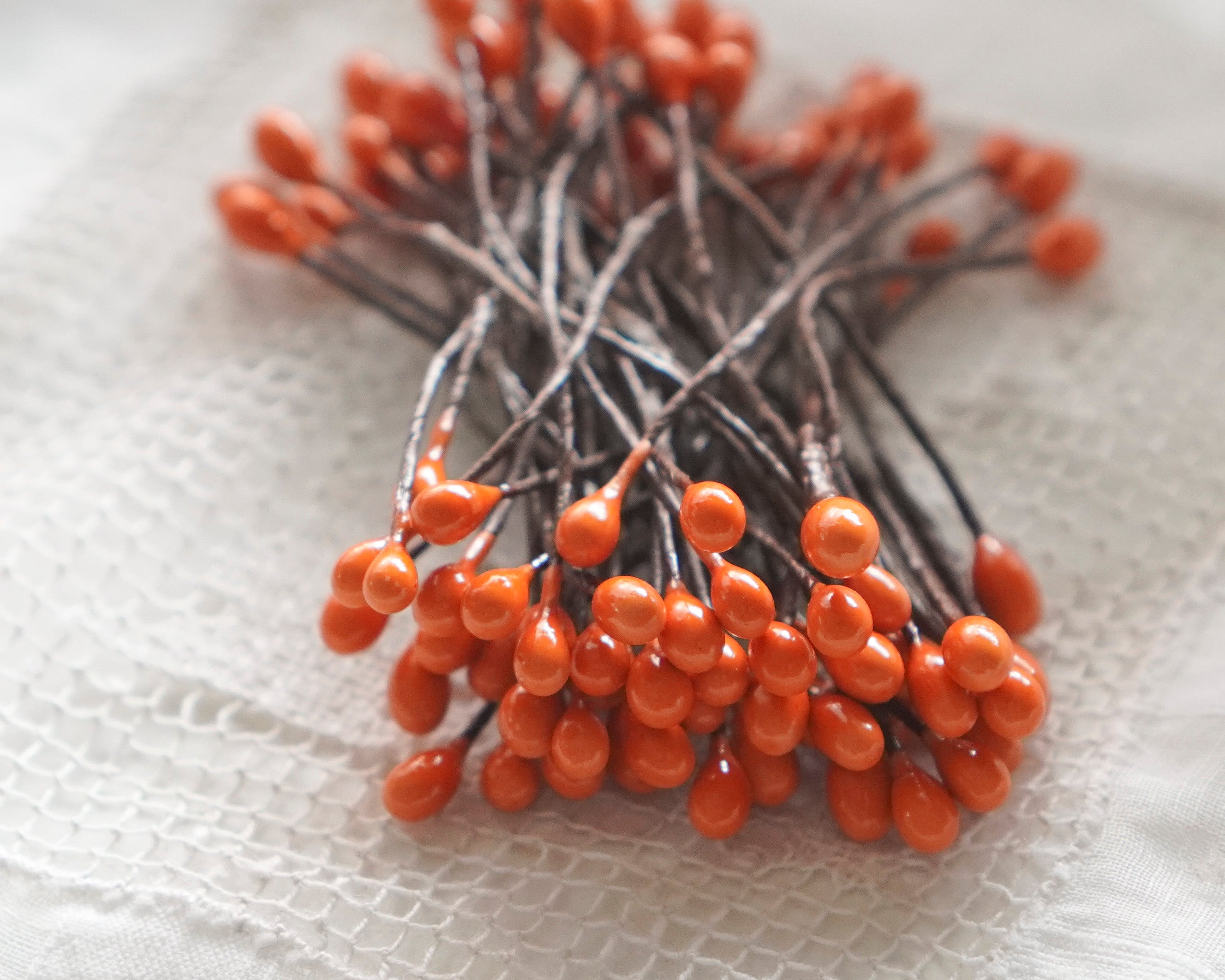 Small Pumpkin Orange Berry Wired Stems - 50 Pcs.