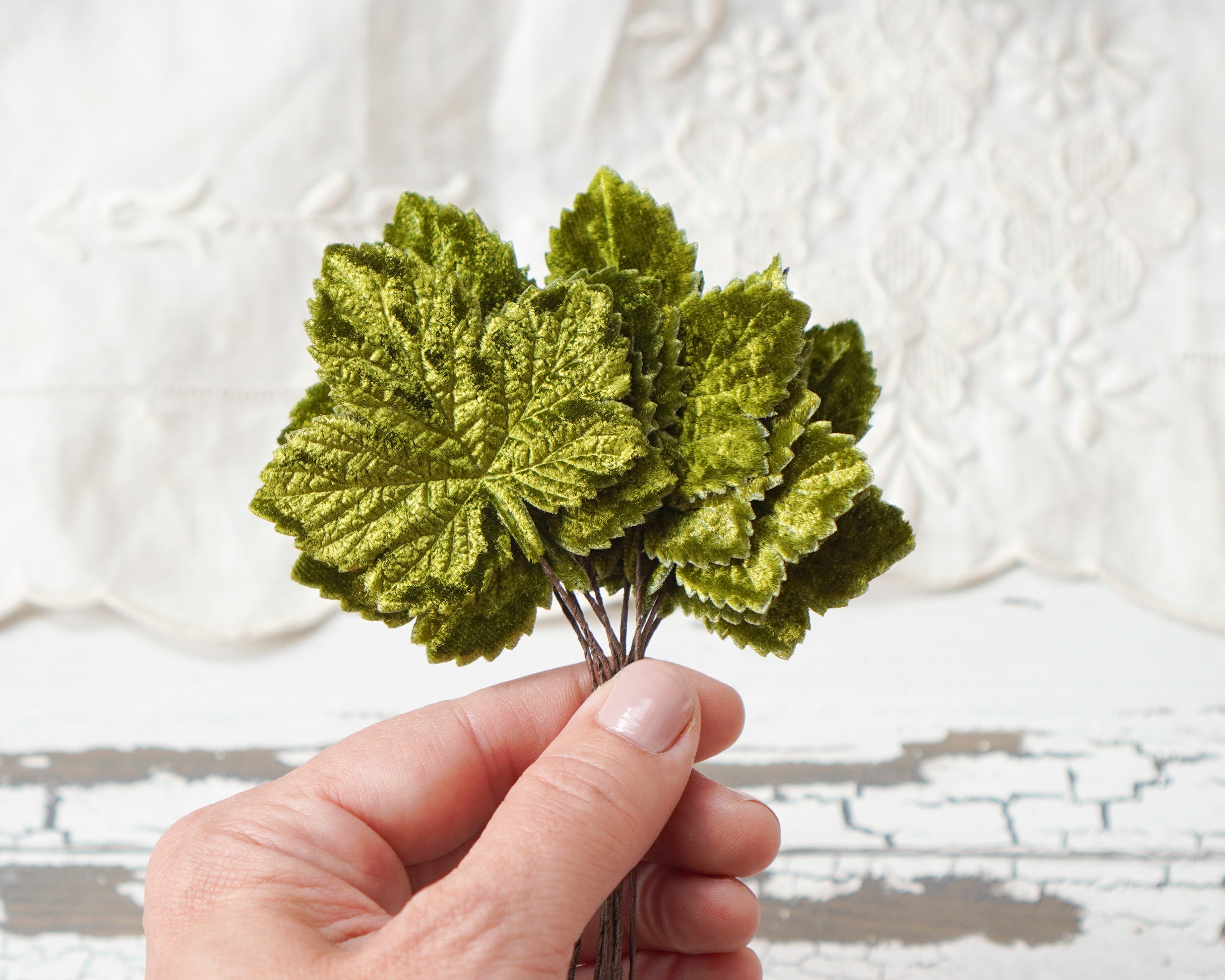 Mini Velvet Pumpkin Leaves - Moss Green Autumn Craft Leaf Stems, 10 Pcs.