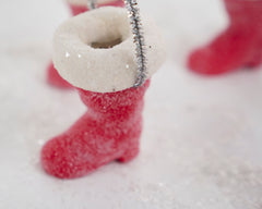 Mini Santa Boot Ornament - Red Frosted Paper Mache with Cotton Trim