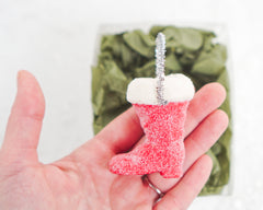 Mini Santa Boot Ornament - Red Frosted Paper Mache with Cotton Trim