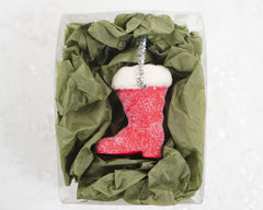 Mini Santa Boot Ornament - Red Frosted Paper Mache with Cotton Trim