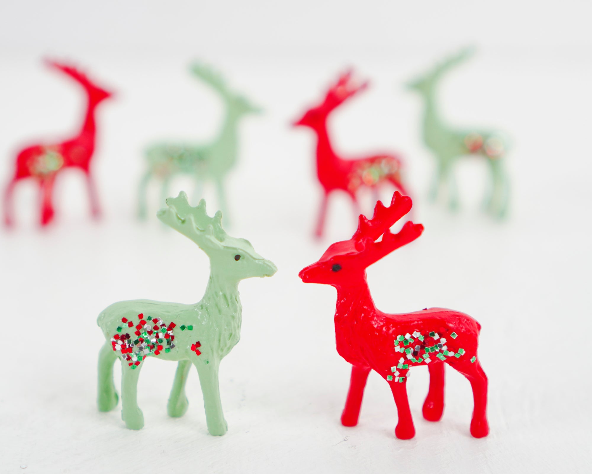 Miniature Christmas Deer - 6 Red and Green Plastic Reindeer with Glitter