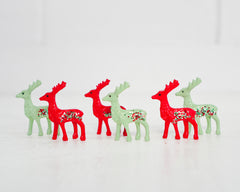 Miniature Christmas Deer - 6 Red and Green Plastic Reindeer with Glitter
