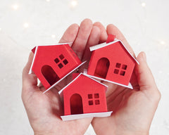 DIY Miniature Paper House Kit - Set of 3 Flat-Pack Red Cardstock Christmas Putz Houses