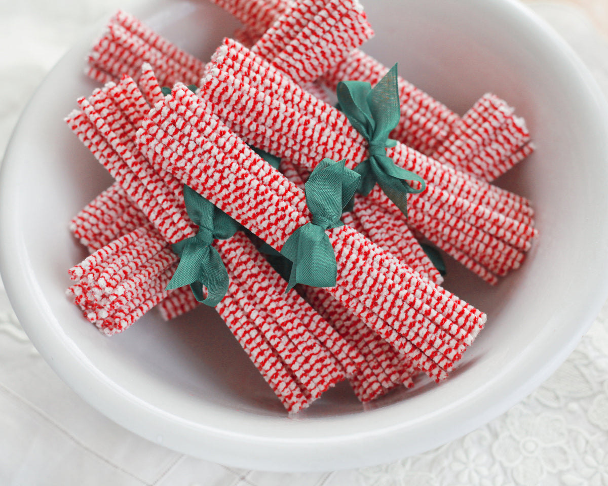 Stiff Bristle Pipe Cleaners - Red and Cream Candy Cane Striped Chenill