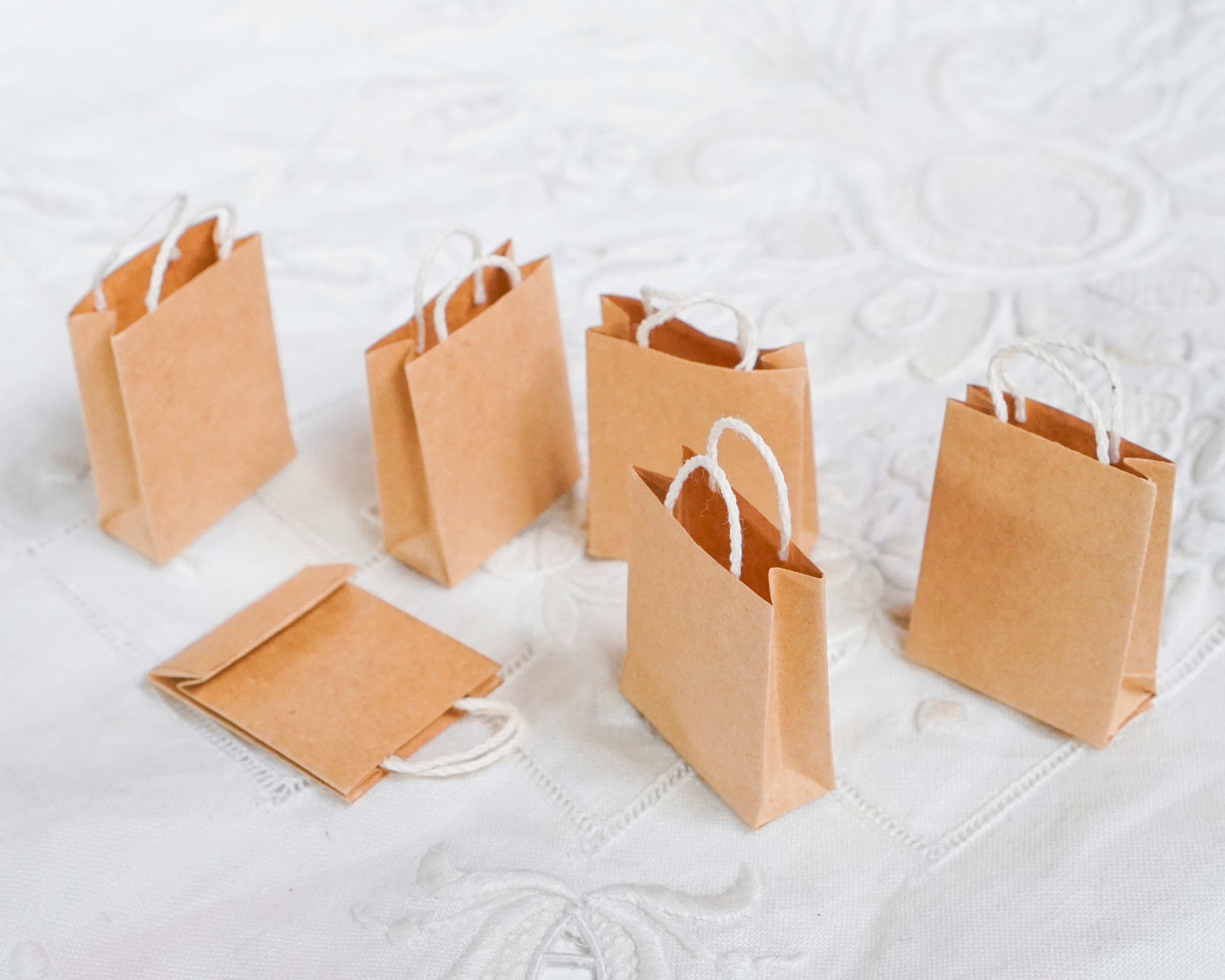 Miniature Shopping Bags - Tiny Dollhouse 1:12 Scale Tan Kraft Paper Gift Bags, 6 Pcs.