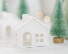 Mini Christmas Village Set - 3 Snowy Putz Houses with 10 Bottle Brush Trees