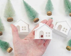 Mini Christmas Village Set - 3 Snowy Putz Houses with 10 Bottle Brush Trees