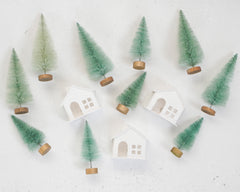 Mini Christmas Village Set - 3 Snowy Putz Houses with 10 Bottle Brush Trees