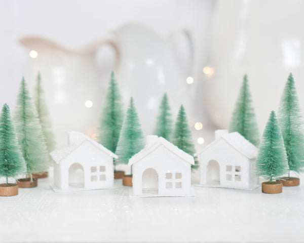 Mini Christmas Village Set - 3 Snowy Putz Houses with 10 Bottle Brush Trees