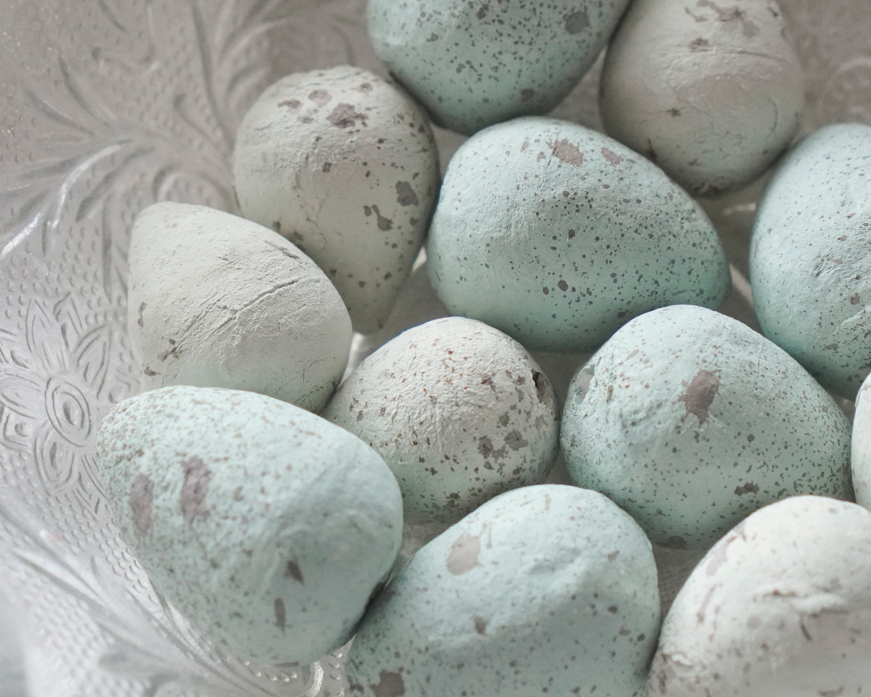 Pale Blue Speckled Spun Cotton Mini Eggs, 12 Pcs.