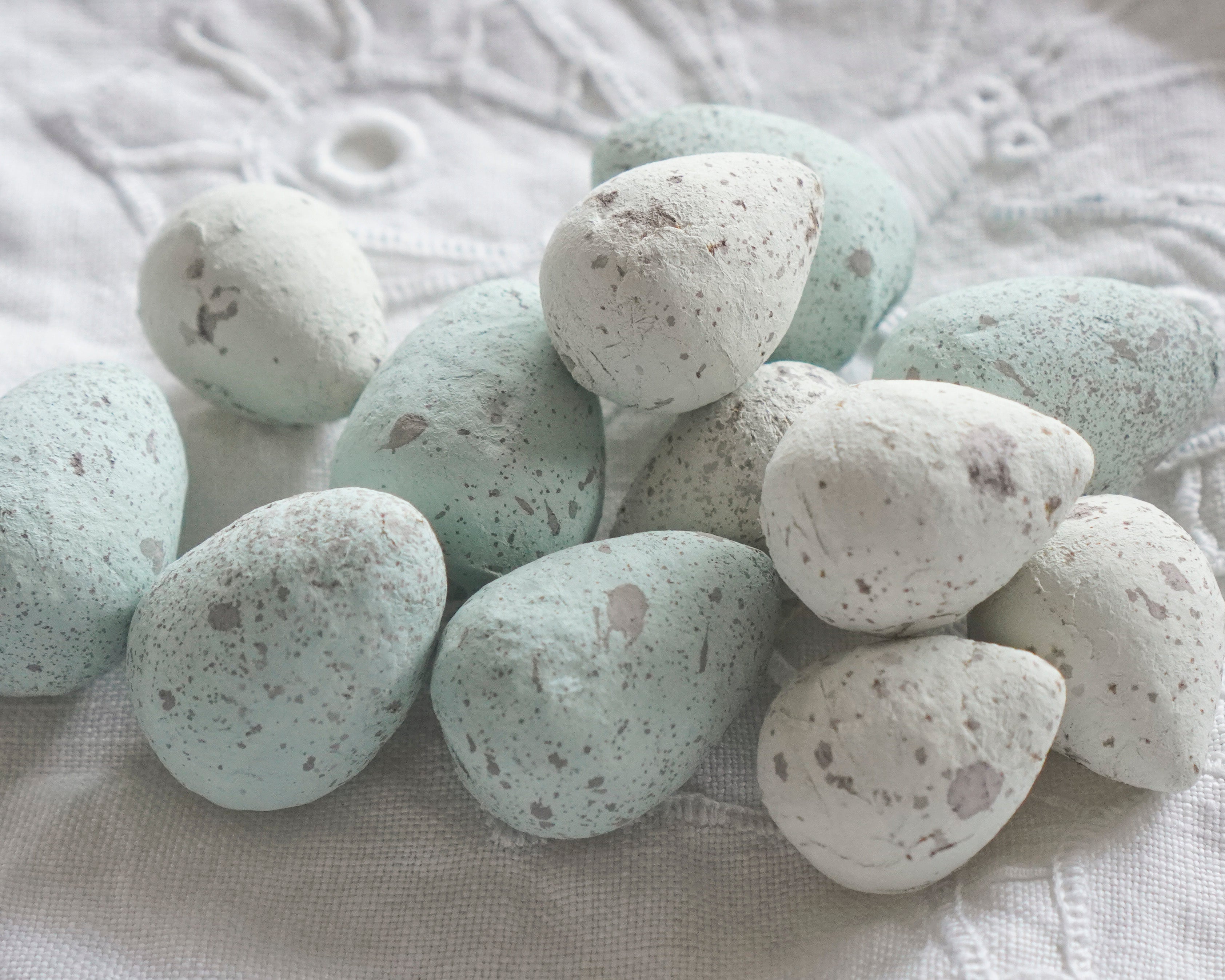 Pale Blue Speckled Spun Cotton Mini Eggs, 12 Pcs.
