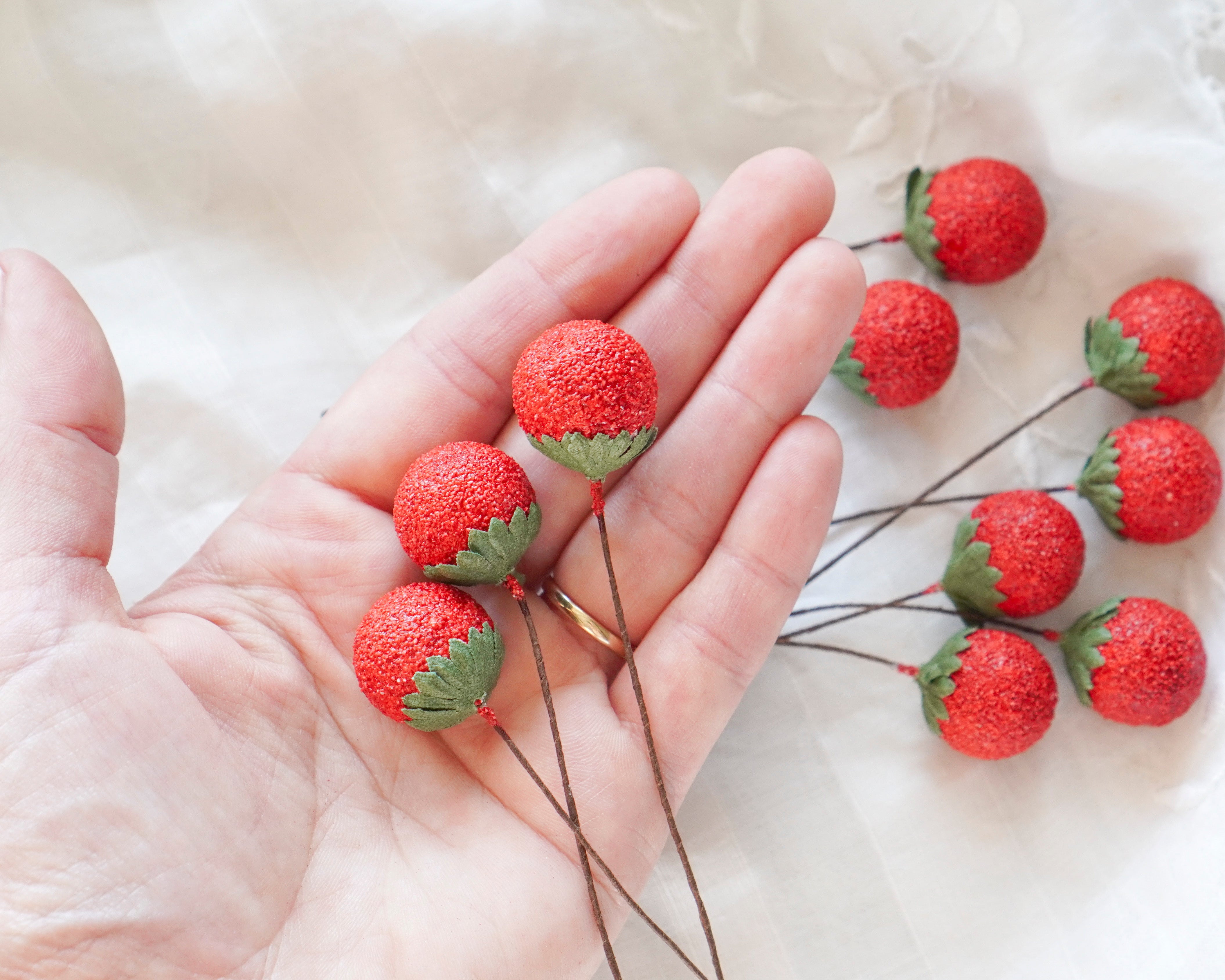 Spun Cotton Berries - Red Wild Strawberry Picks, 10 pcs.