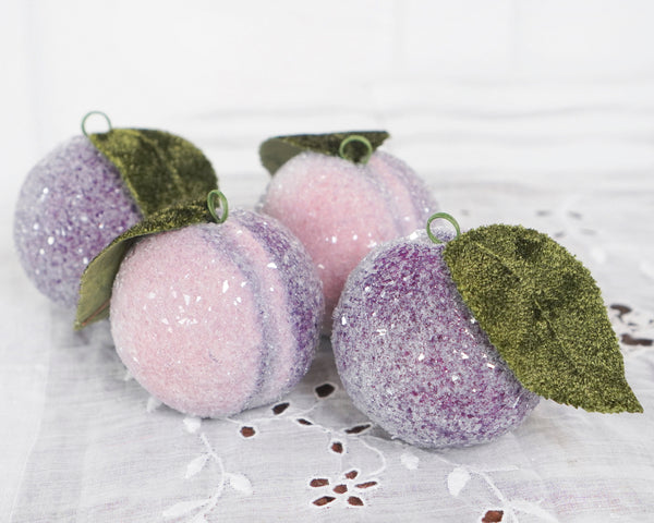 Sugar Plum Christmas Ornaments - Glittered Spun Cotton Decorations, 4 Pc. Boxed Set
