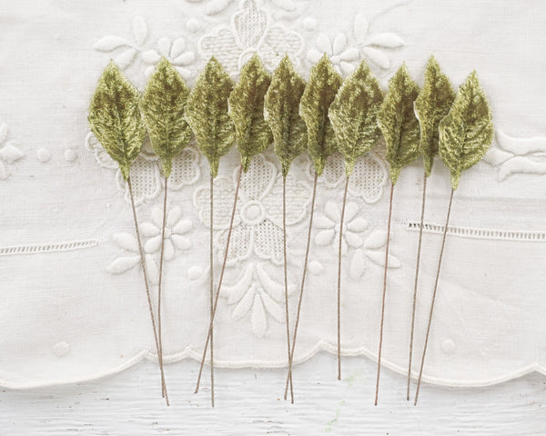 Light Moss Green Velvet Leaves, Small, 10 Pcs.