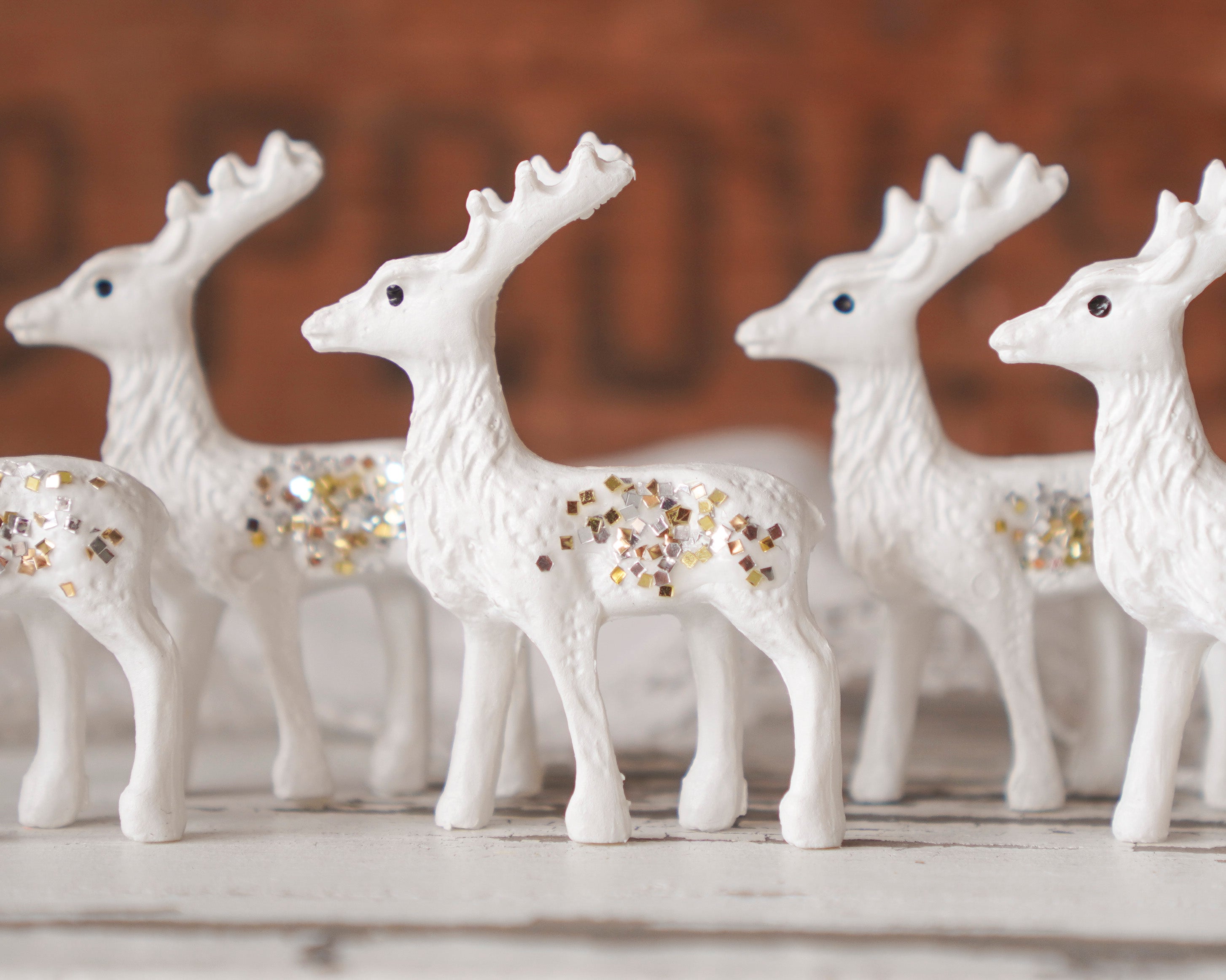 Glitter Deer - 6 Miniature Creamy White Plastic Reindeer with Vintage Glitter