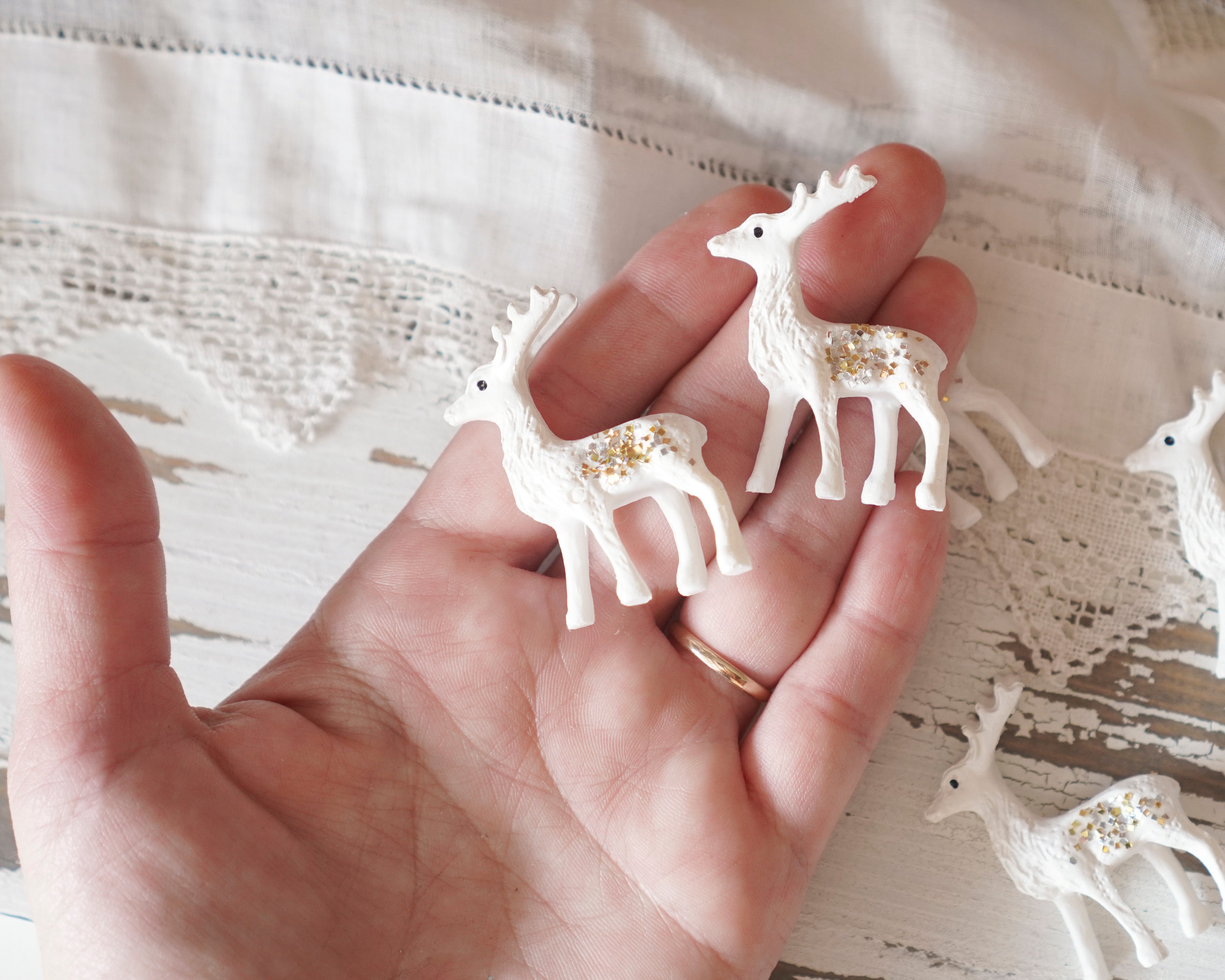 Glitter Deer - 6 Miniature Creamy White Plastic Reindeer with Vintage Glitter