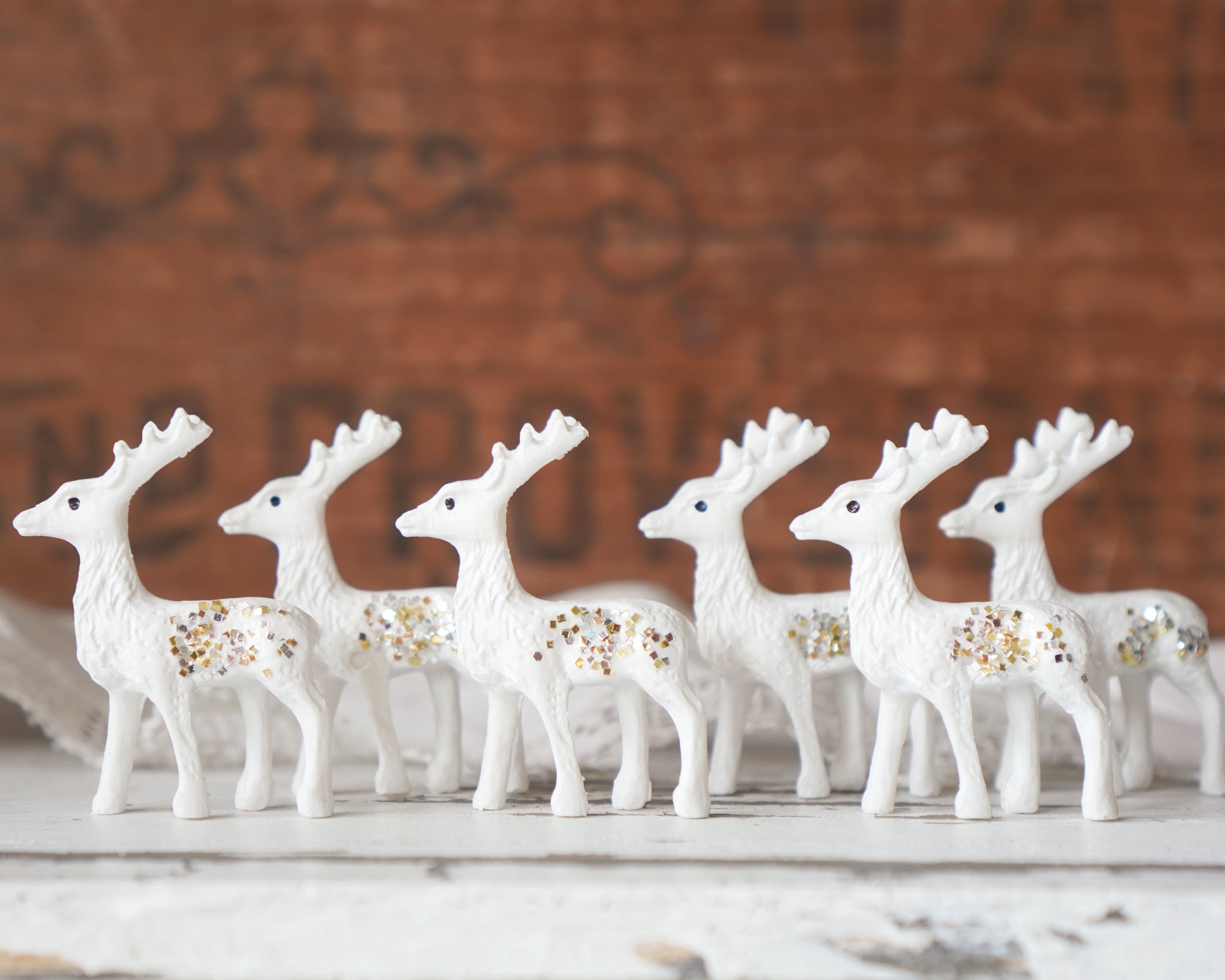 Glitter Deer - 6 Miniature Creamy White Plastic Reindeer with Vintage Glitter