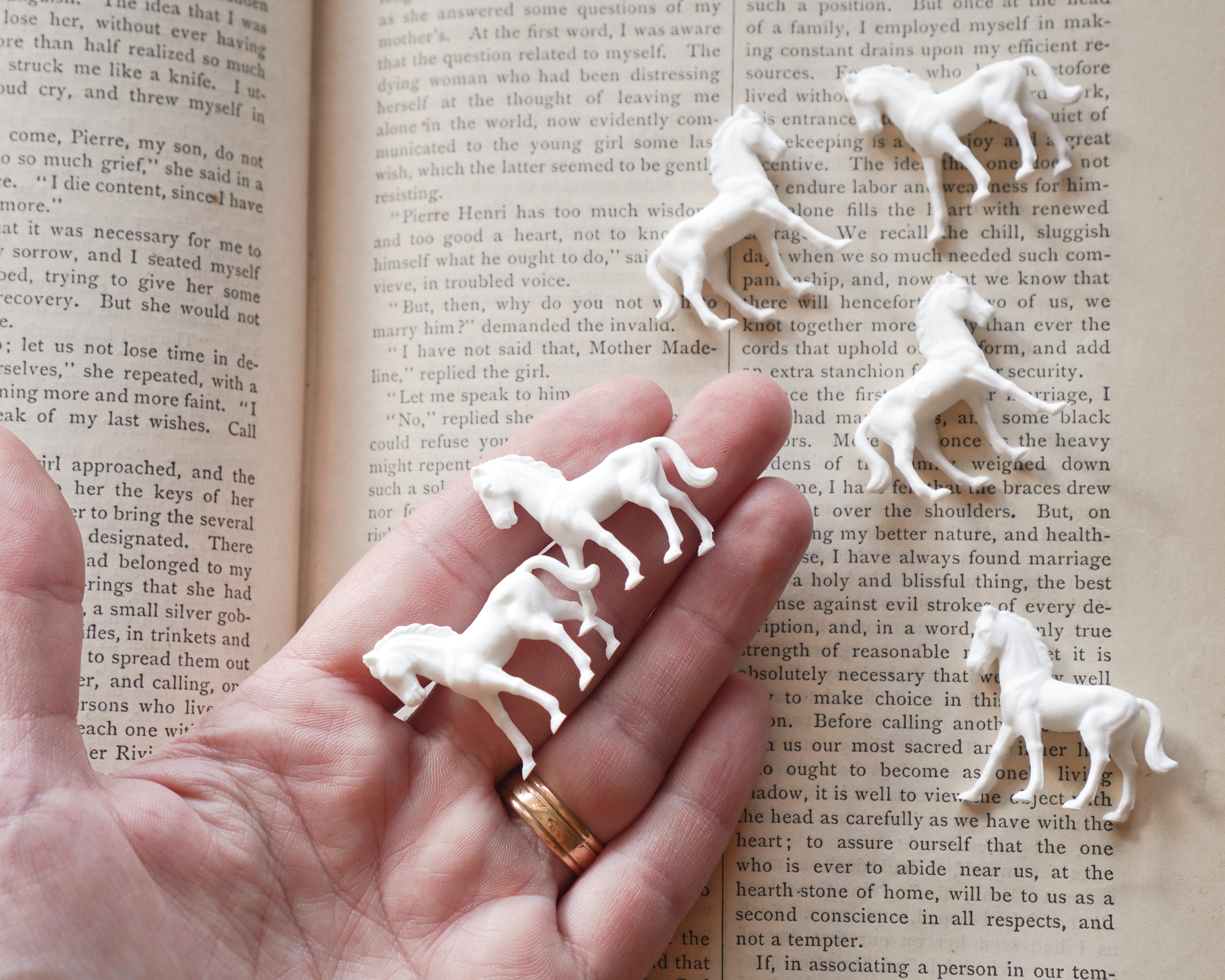 Miniature Horses - Tiny White German Plastic Horse Craft Figurines, 6 Pcs.