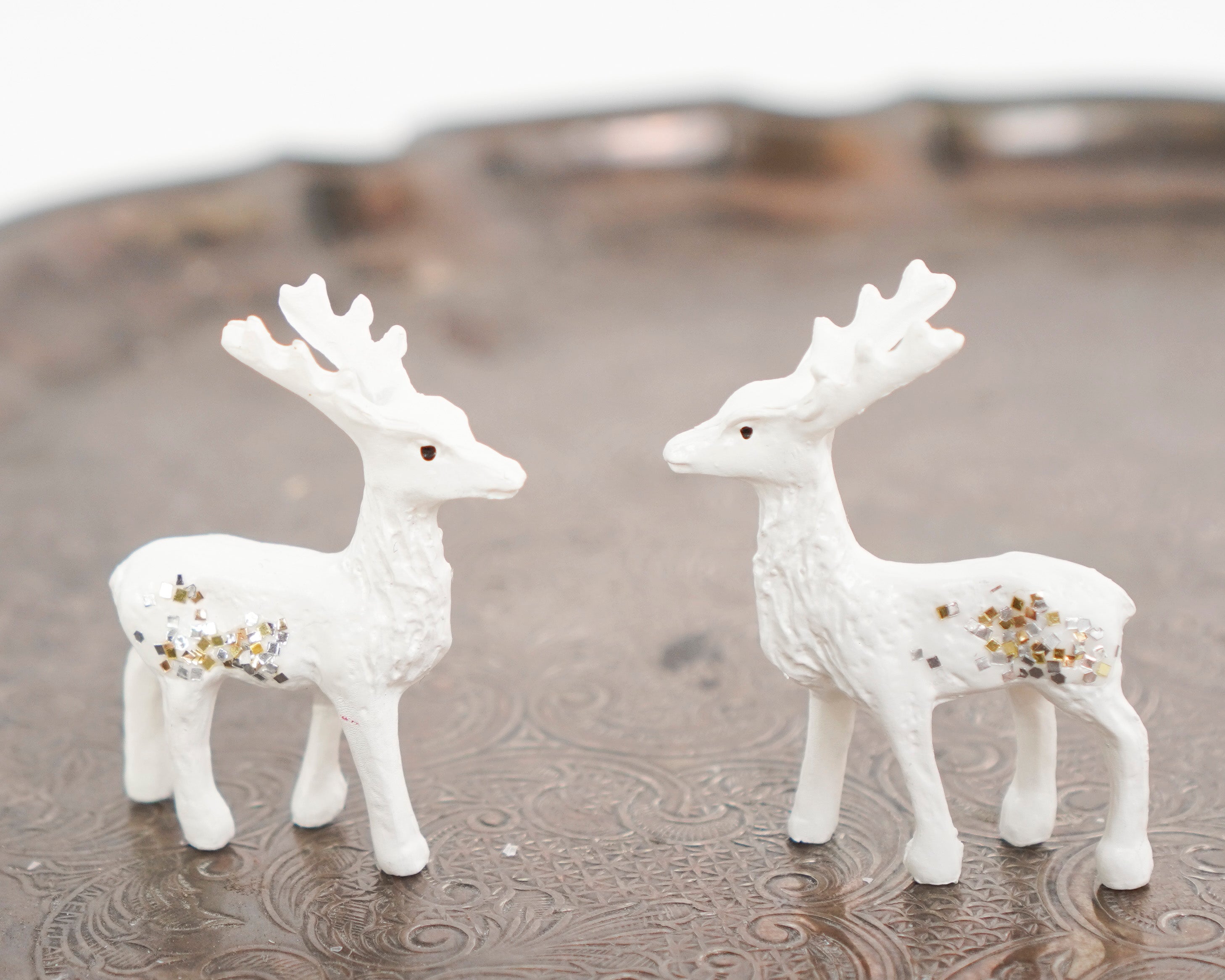 Glitter Deer - 6 Miniature Creamy White Plastic Reindeer with Vintage Glitter