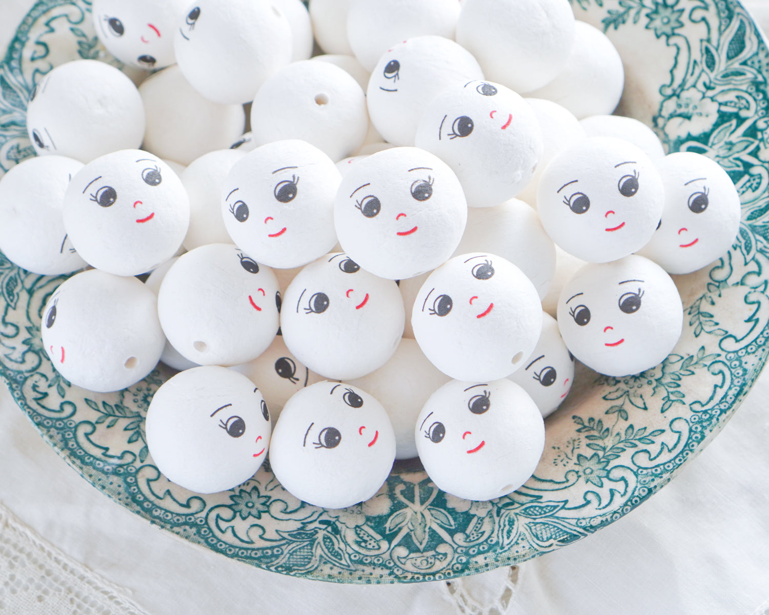 Spun Cotton Heads: DREAMER - 30mm White Doll Heads with Faces, 12 Pcs.