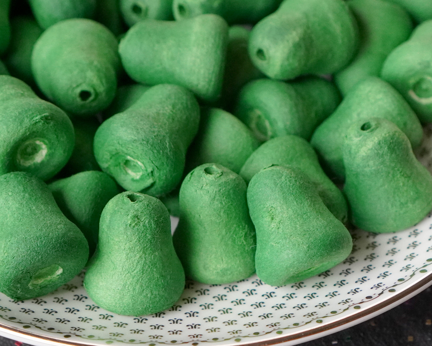 Mini Christmas Green Bells - 20mm Tinted Spun Cotton Craft Shapes, 24 Pcs.