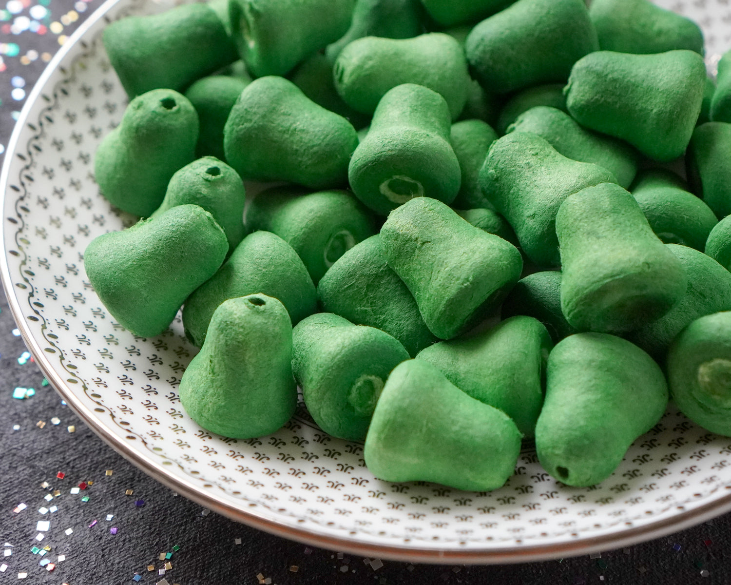 Mini Christmas Green Bells - 20mm Tinted Spun Cotton Craft Shapes, 24 Pcs.